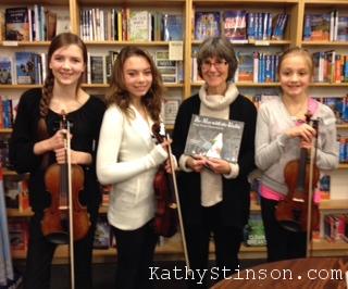 Author Kathy Stinson with students from the Suzuki String School of Guelph at the Bookshelf