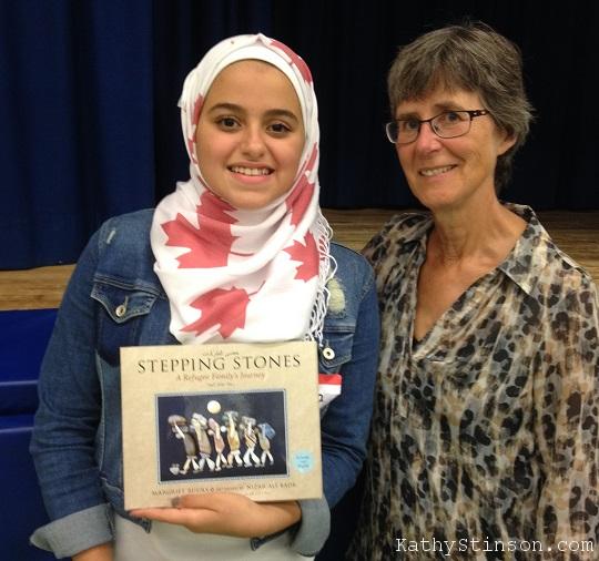 Kathy Stinson with a 14-year-old Syrian refugee at a Welcome Neighbours event in Guelph