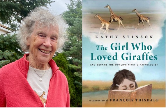 Photo of Anne Dagg alongside the cover of The Girl Who Loved Giraffes